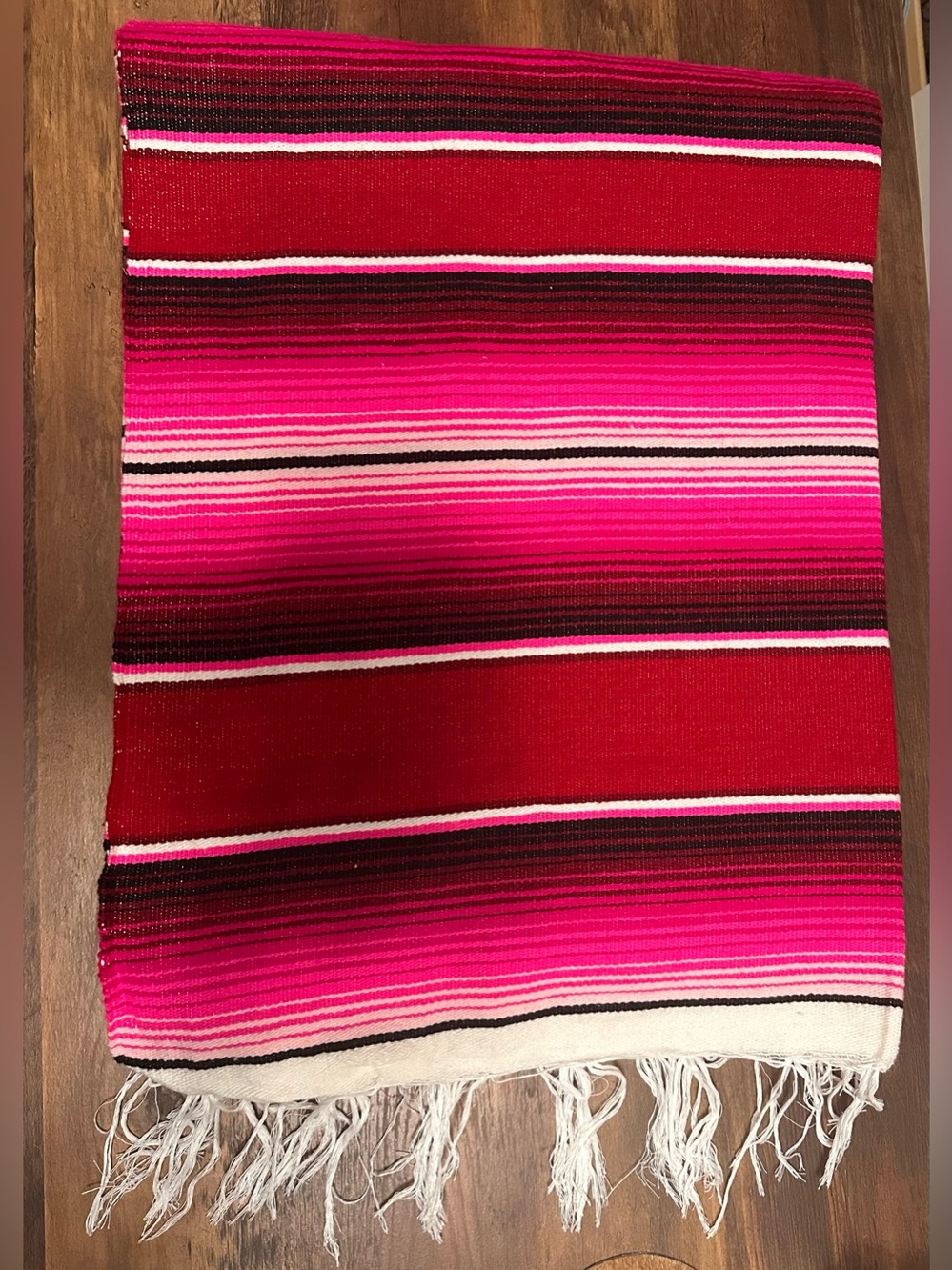 NWOT Mexican Serape Fringed Blanket 84” X  54” Pink Red Black Boho Woven Throw